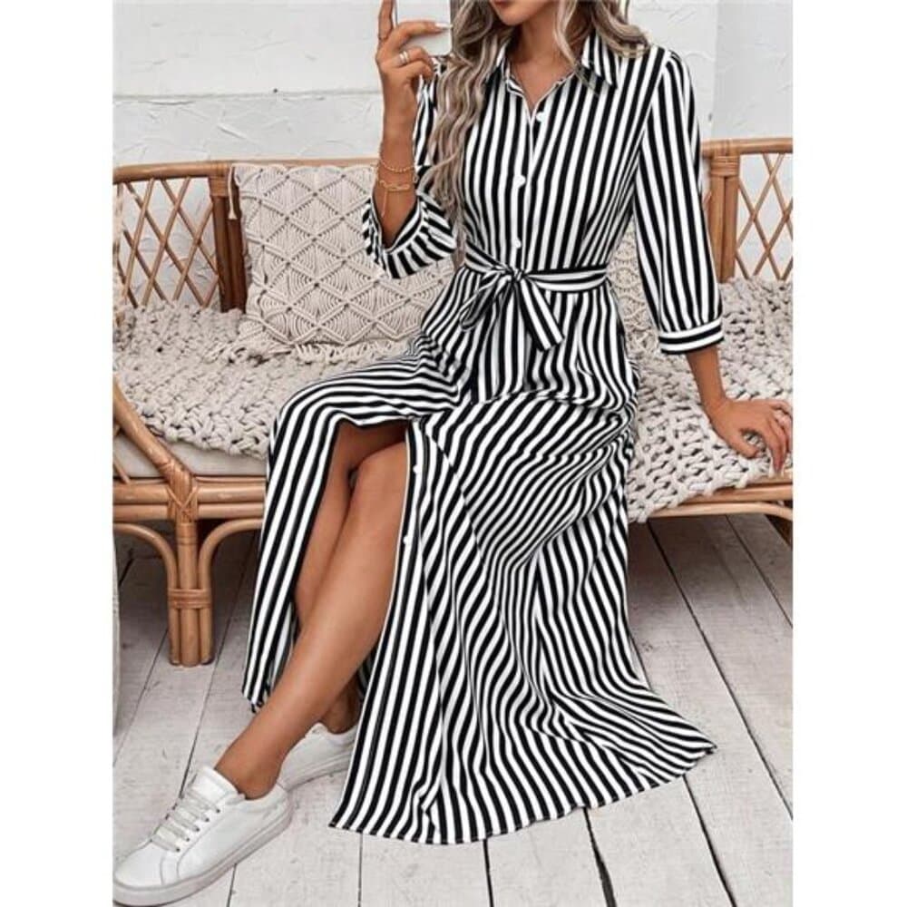 Frenchy Striped Belted Shirt Dress - Thumbnail 3