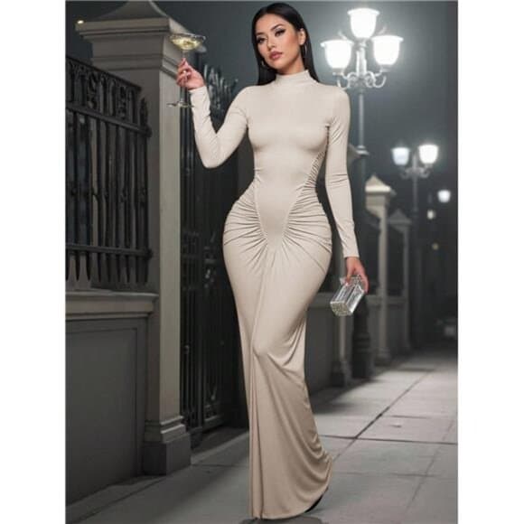 INAWLY Women's Elegant Ruched Collar Solid Color Fitted Dress, Autumn - Thumbnail 5
