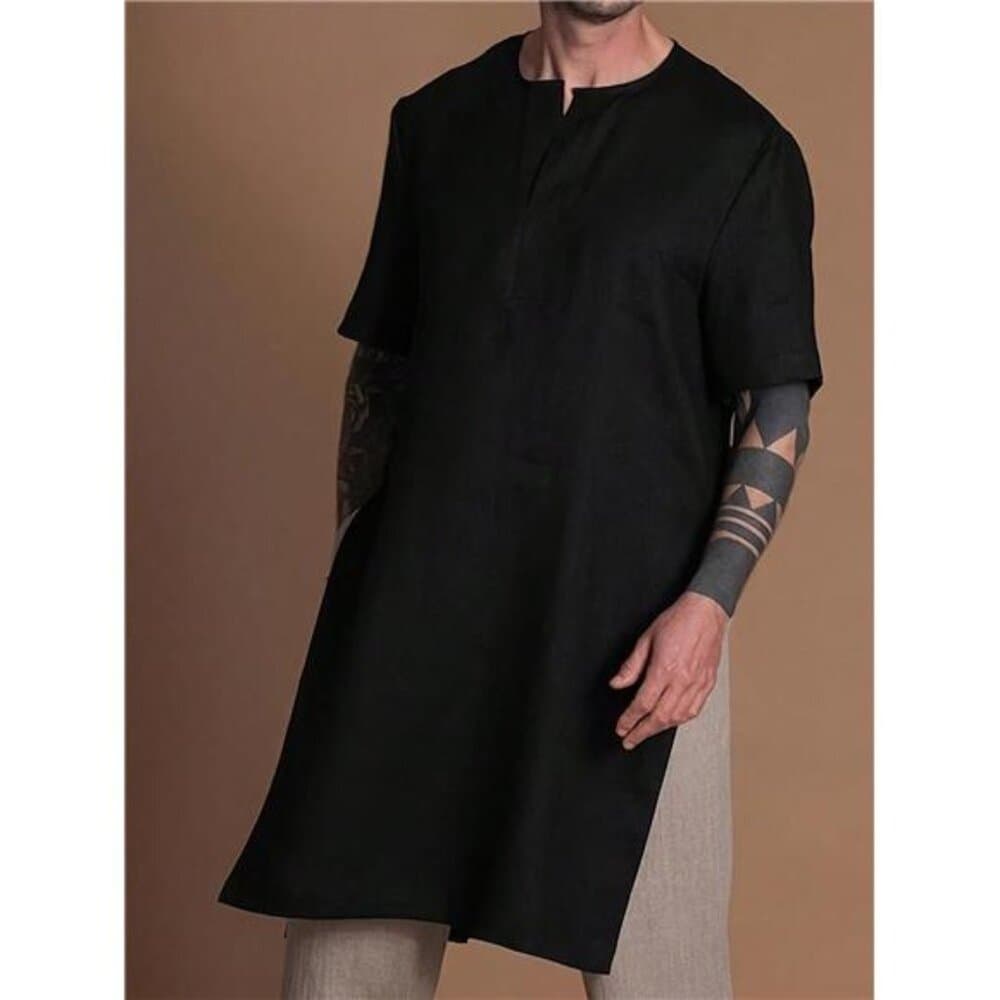Men's Casual Loose Fit Long T-Shirt, Soft Woven Fabric, Minimalist Design, - Thumbnail 4