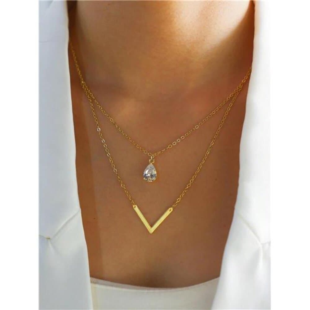 Minimalistic Elegant Geometric Triangle V Pendant Necklace, - Thumbnail 6