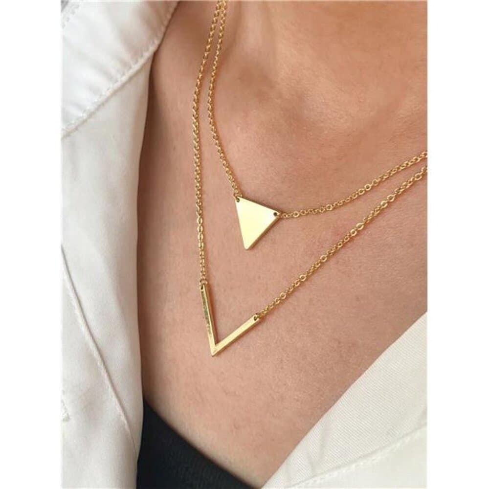 Minimalistic Elegant Geometric Triangle V Pendant Necklace, - Thumbnail 4