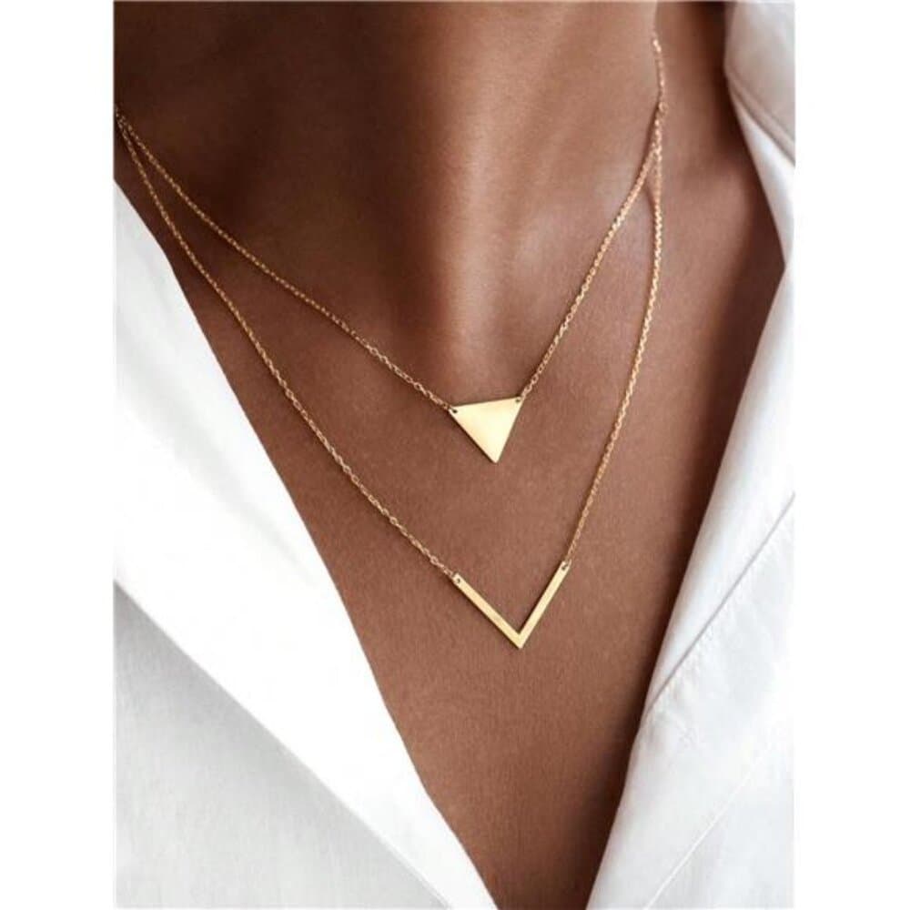 Minimalistic Elegant Geometric Triangle V Pendant Necklace, - Thumbnail 9