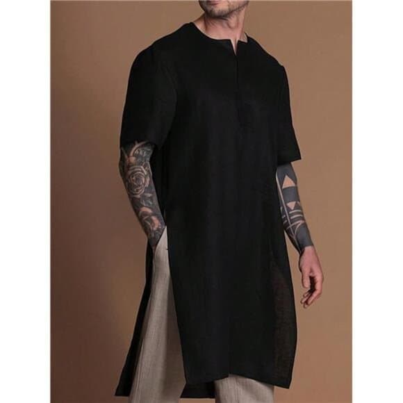 Men's Casual Loose Fit Long T-Shirt, Soft Woven Fabric, Minimalist Design, - Thumbnail 7