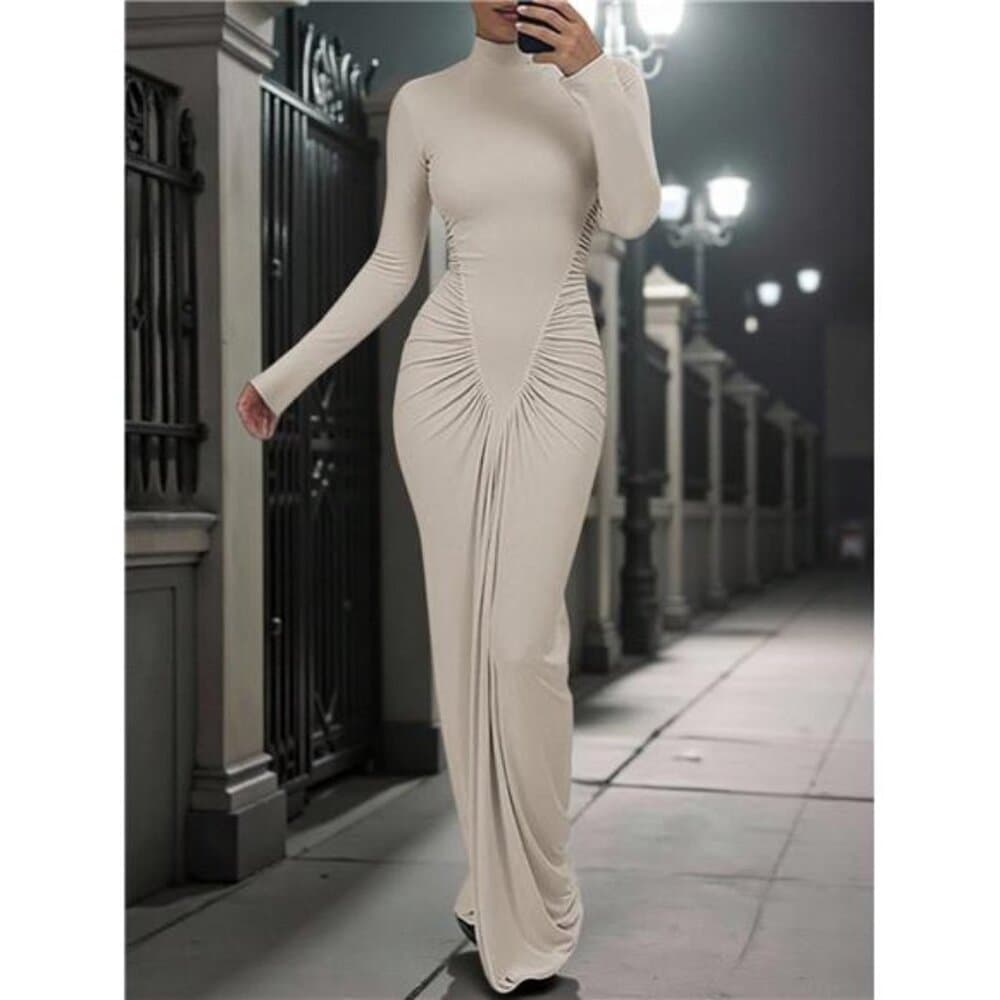 INAWLY Women's Elegant Ruched Collar Solid Color Fitted Dress, Autumn - Thumbnail 3