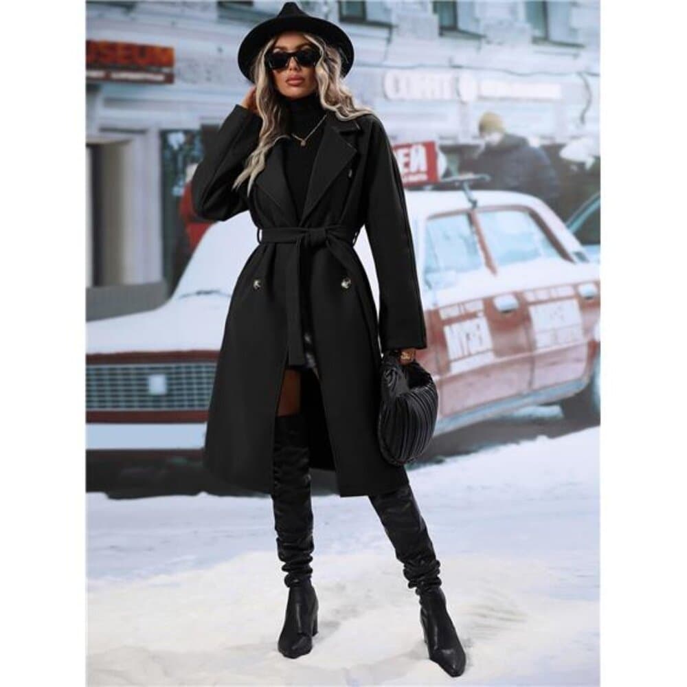 Relaxiva Lapel Neck Double Breasted Belted Overcoat - Thumbnail 3