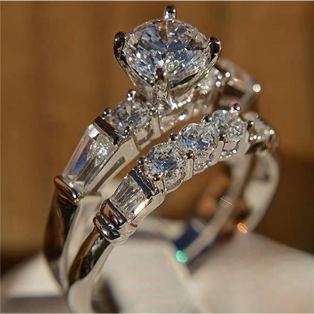Women's Engagement Wedding Ring Two-Piece Set, 4.4 Gram Silvery Inlaid with - Thumbnail 7