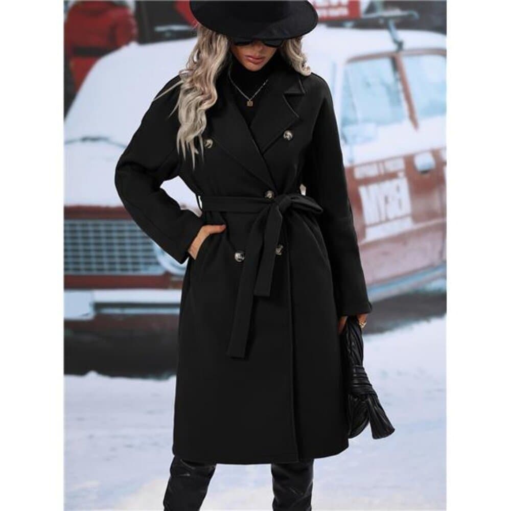 Relaxiva Lapel Neck Double Breasted Belted Overcoat - Thumbnail 5