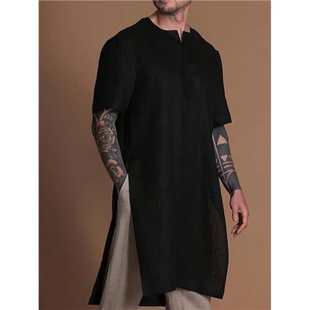 Men's Casual Loose Fit Long T-Shirt, Soft Woven Fabric, Minimalist Design, - Thumbnail 6