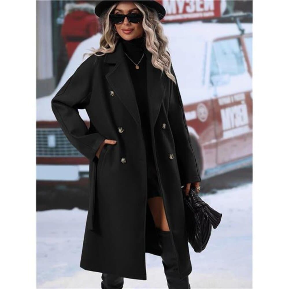 Relaxiva Lapel Neck Double Breasted Belted Overcoat - Thumbnail 7