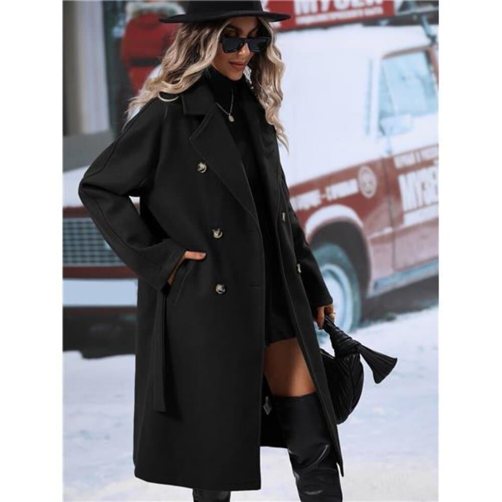 Relaxiva Lapel Neck Double Breasted Belted Overcoat - Thumbnail 4
