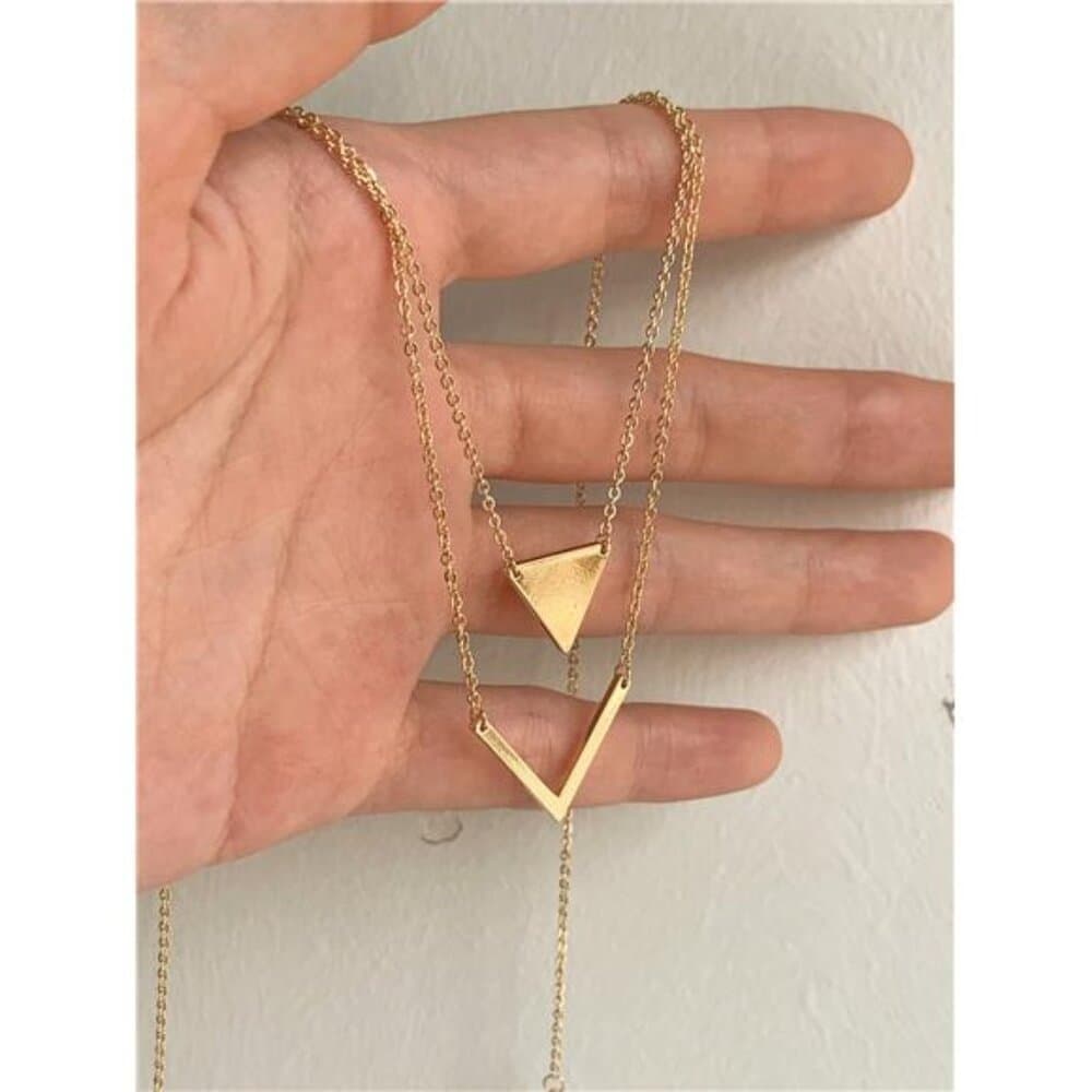 Minimalistic Elegant Geometric Triangle V Pendant Necklace, - Thumbnail 2