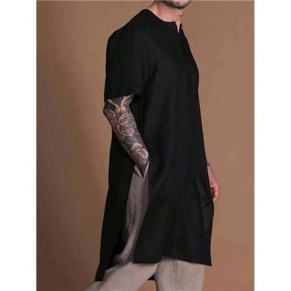 Men's Casual Loose Fit Long T-Shirt, Soft Woven Fabric, Minimalist Design, - Thumbnail 3