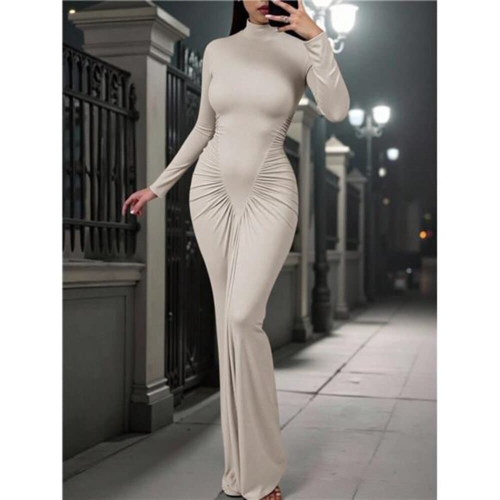 INAWLY Women's Elegant Ruched Collar Solid Color Fitted Dress, Autumn - Thumbnail 2