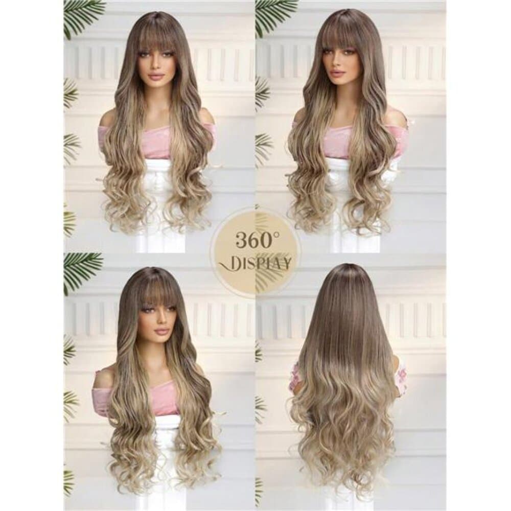 Long Curly Wig With Bang Brown Fashionable And Beautiful Wavy - Thumbnail 9