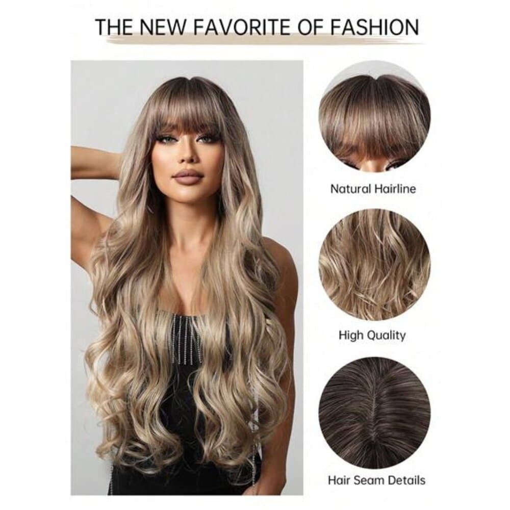 Long Curly Wig With Bang Brown Fashionable And Beautiful Wavy - Thumbnail 7