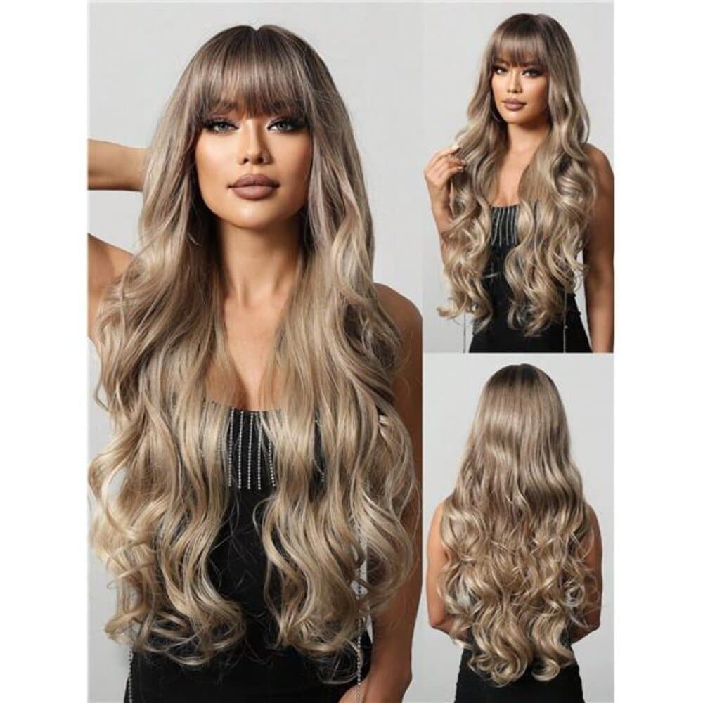 Long Curly Wig With Bang Brown Fashionable And Beautiful Wavy - Thumbnail 5