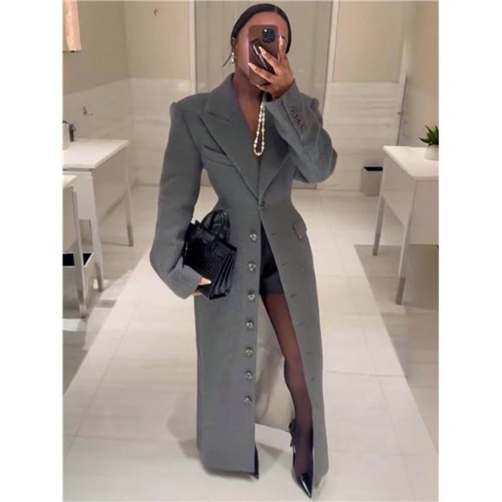 Magic Mia Women's Single-Breasted Maxi Coat - Women's Outerwear - Grey Tailored - Thumbnail 4
