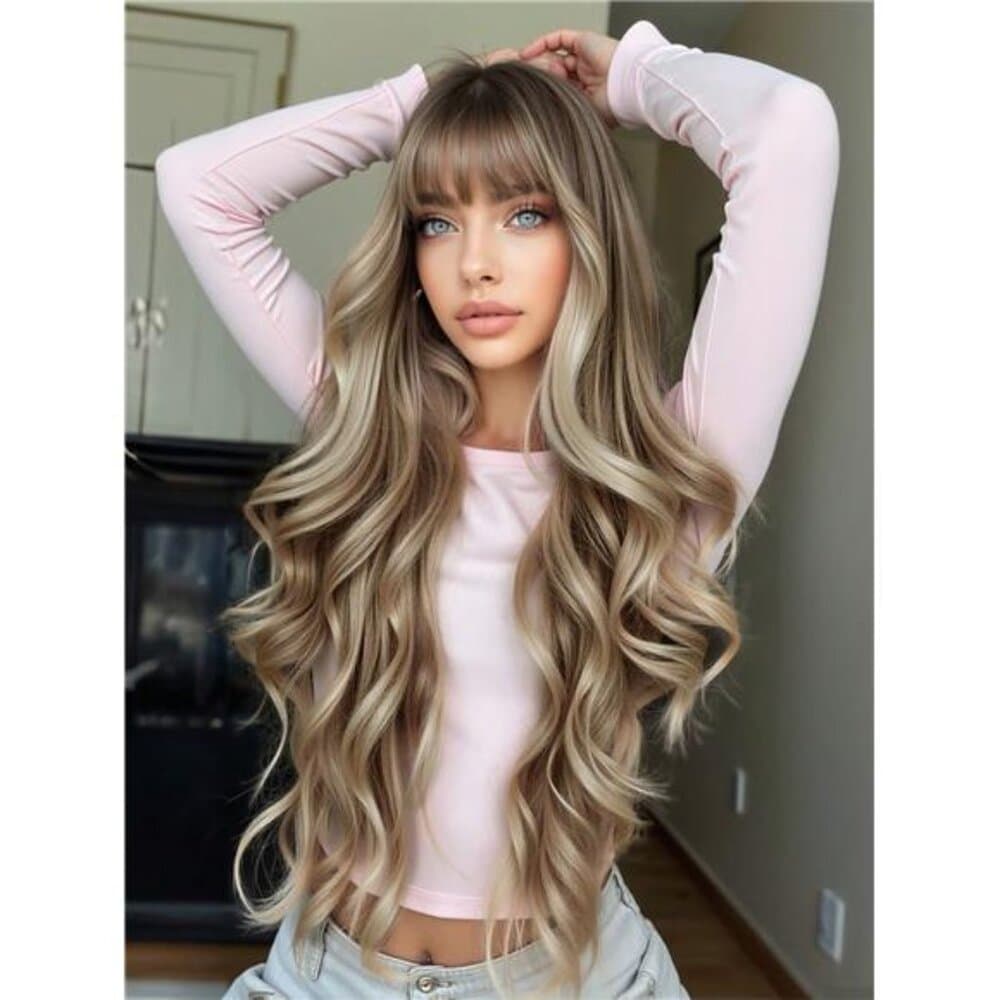 Long Curly Wig With Bang Brown Fashionable And Beautiful Wavy - Thumbnail 12