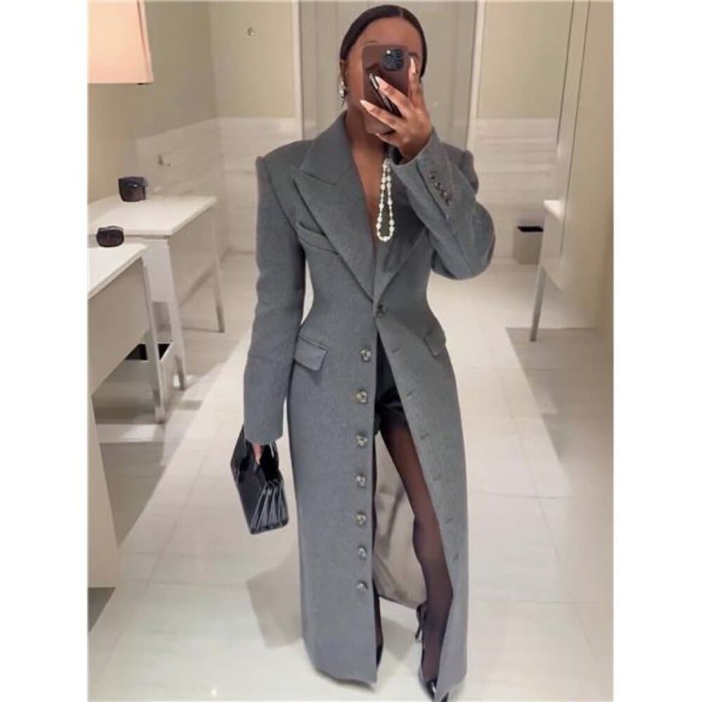 Magic Mia Women's Single-Breasted Maxi Coat - Women's Outerwear - Grey Tailored - Thumbnail 7