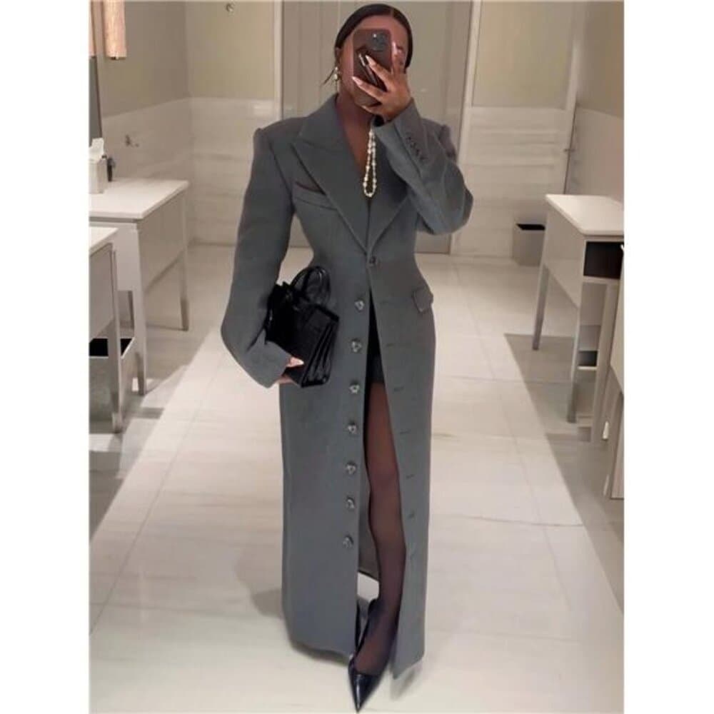 Magic Mia Women's Single-Breasted Maxi Coat - Women's Outerwear - Grey Tailored - Thumbnail 2