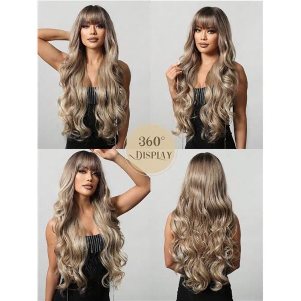 Long Curly Wig With Bang Brown Fashionable And Beautiful Wavy - Thumbnail 6