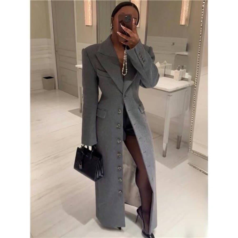 Magic Mia Women's Single-Breasted Maxi Coat - Women's Outerwear - Grey Tailored - Thumbnail 3