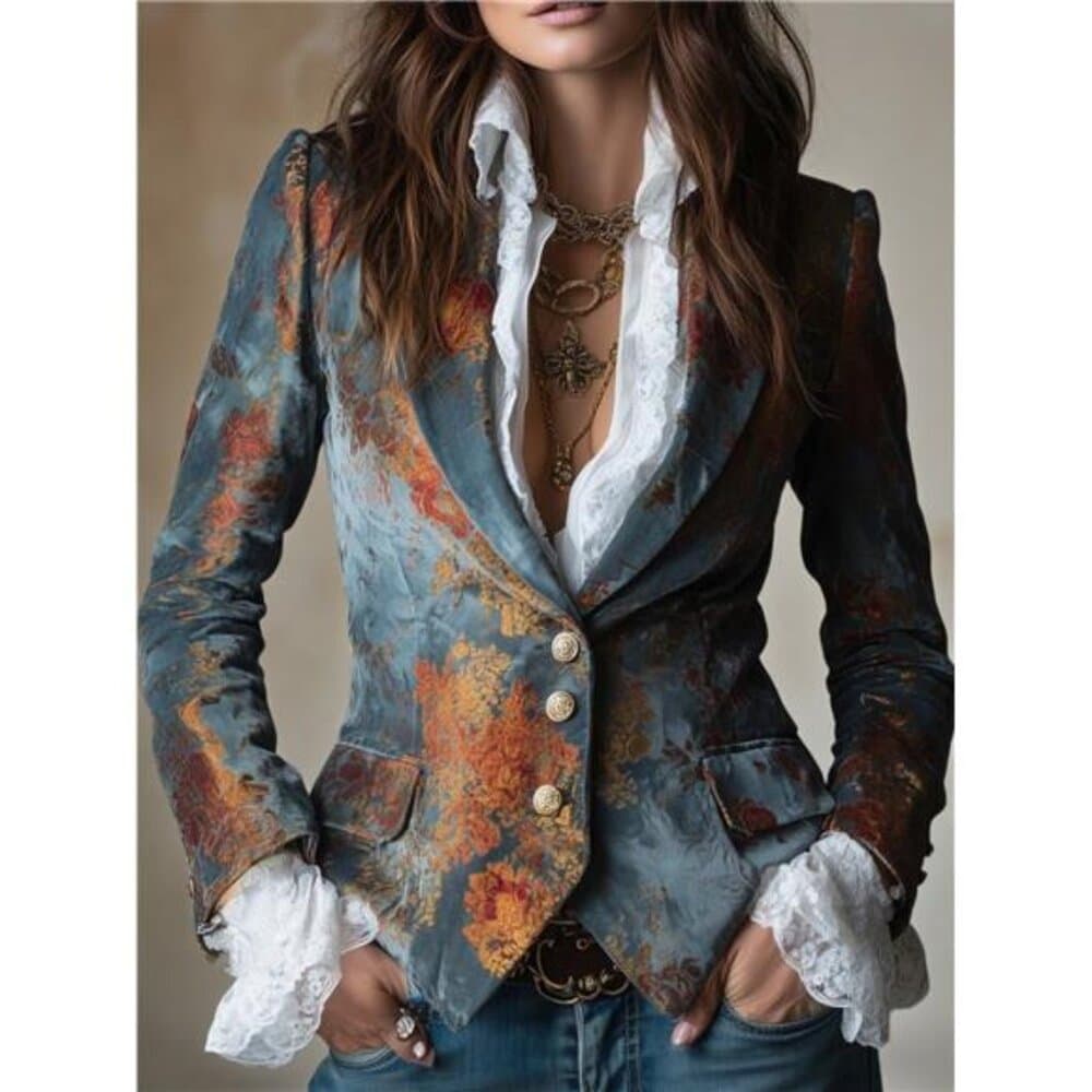 Blue-Tone Printed Velvet Lace-Cuff Blazer for Women | Retro Luxurious Style, - Thumbnail 3