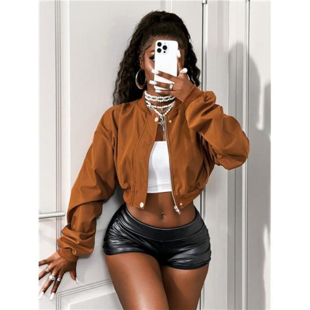 Women's Solid Color Ribbed Patchwork Front Zipper Sleeve Ruched Design - Thumbnail 7