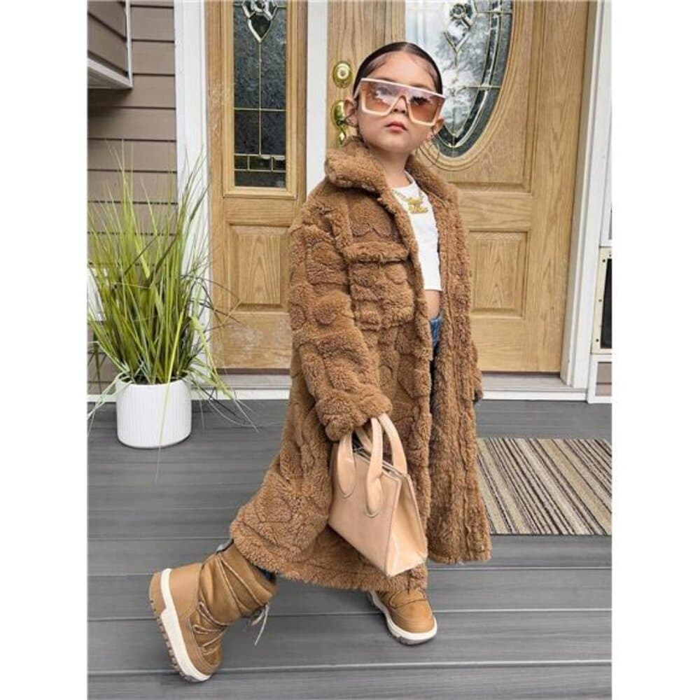 Girls' Solid Color Casual Coral Heart Fleece Mid-Length Turndown Collar Long - Thumbnail 5