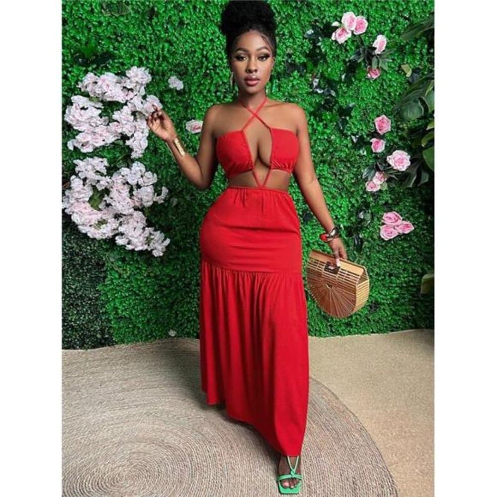 Red Beauty Slayr Halter Neck Backless Vacation Dress - Thumbnail 4