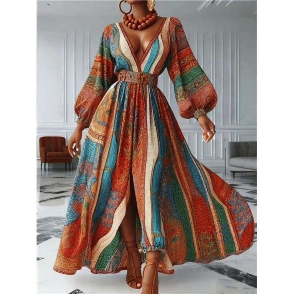 HERTALK "Bohemian Maxi Dress: Colorful Patchwork Print, Deep V-Neck & Puff - Thumbnail 3