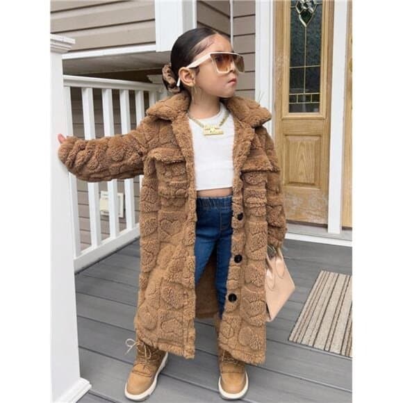 Girls' Solid Color Casual Coral Heart Fleece Mid-Length Turndown Collar Long - Thumbnail 7