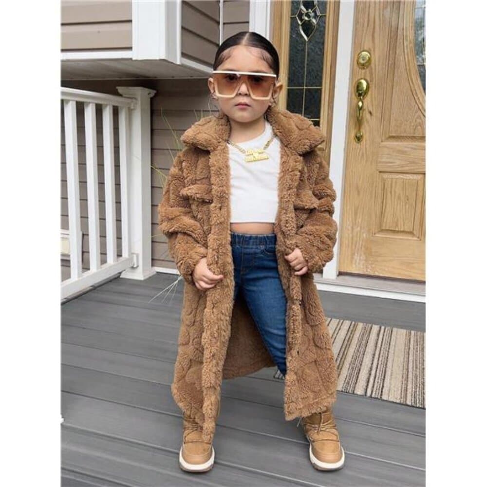 Girls' Solid Color Casual Coral Heart Fleece Mid-Length Turndown Collar Long - Thumbnail 3