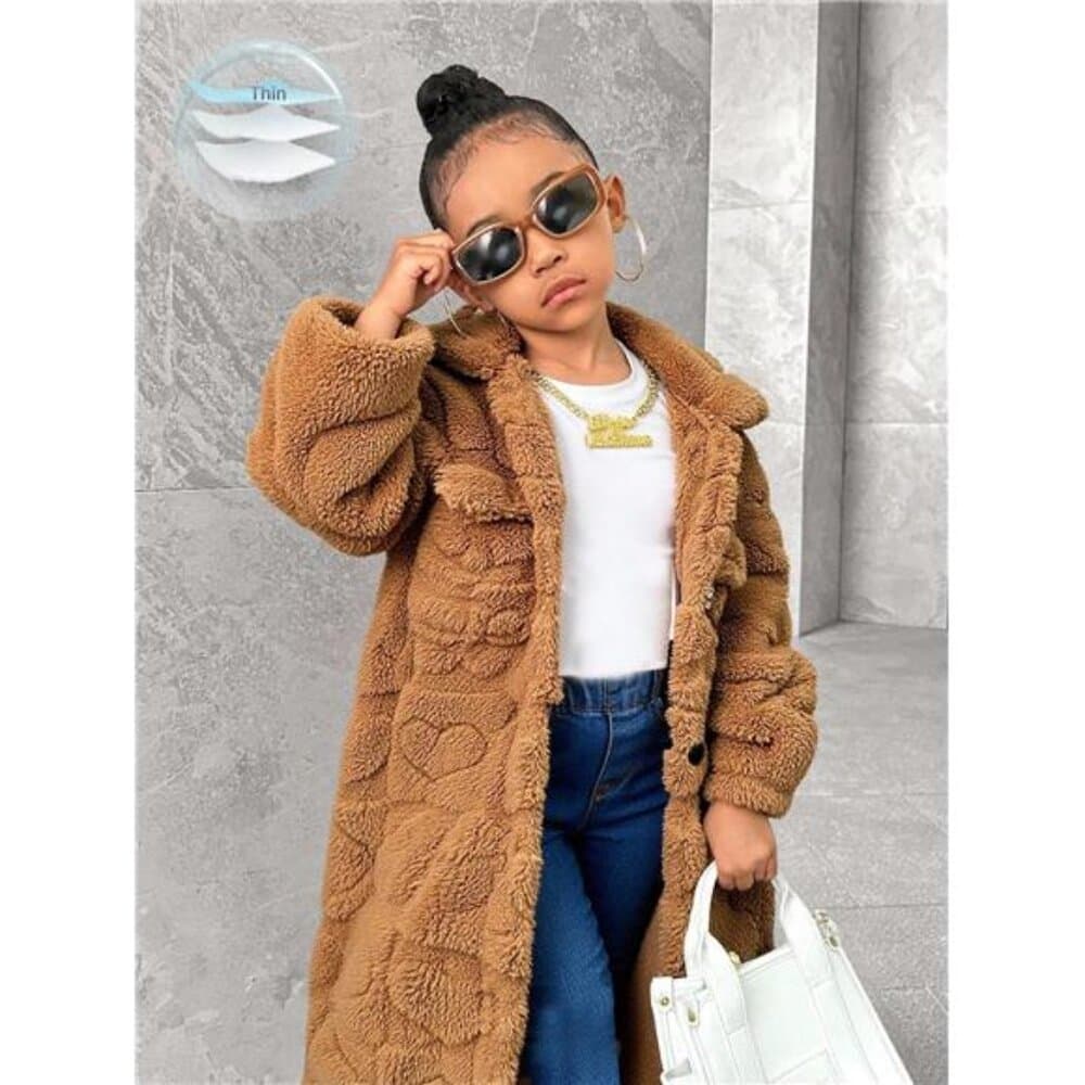 Girls' Solid Color Casual Coral Heart Fleece Mid-Length Turndown Collar Long - Thumbnail 4