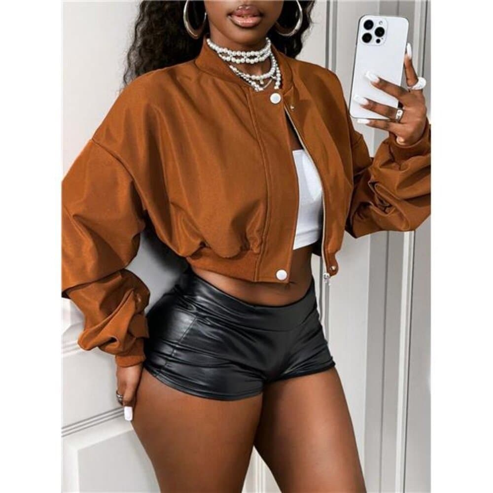 Women's Solid Color Ribbed Patchwork Front Zipper Sleeve Ruched Design - Thumbnail 3