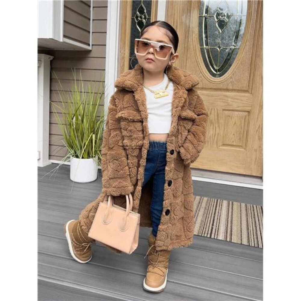 Girls' Solid Color Casual Coral Heart Fleece Mid-Length Turndown Collar Long - Thumbnail 2