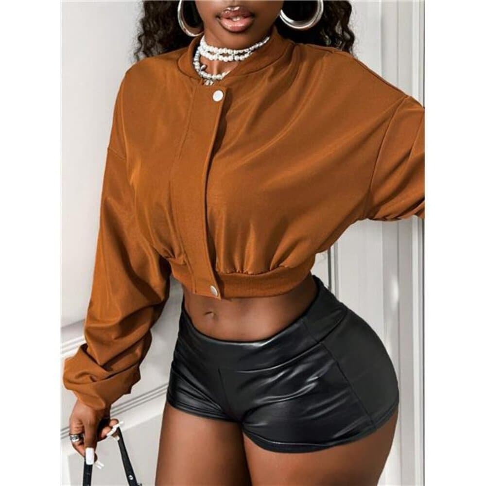 Women's Solid Color Ribbed Patchwork Front Zipper Sleeve Ruched Design - Thumbnail 6