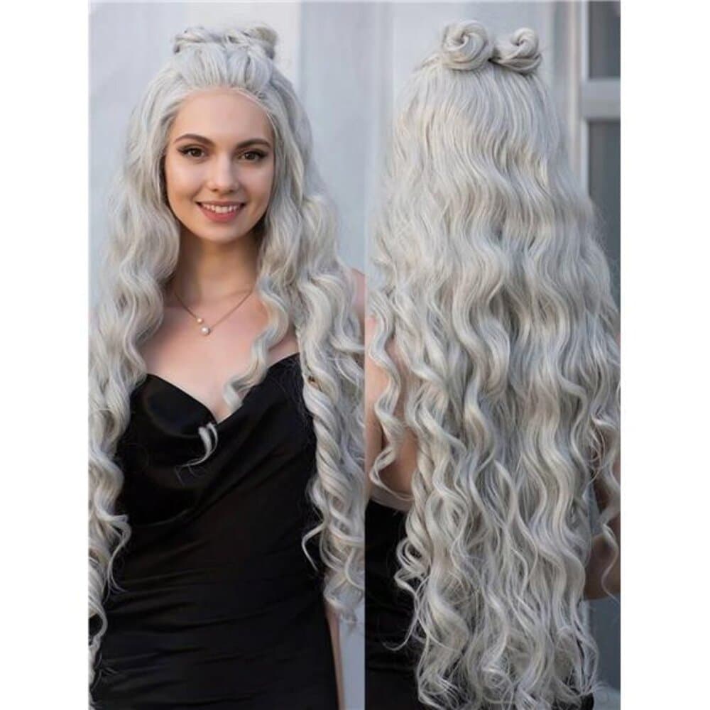 Local32 Inches Silver Grey Long Body Wave Synthetic Lace Front Wig For Women - Thumbnail 10
