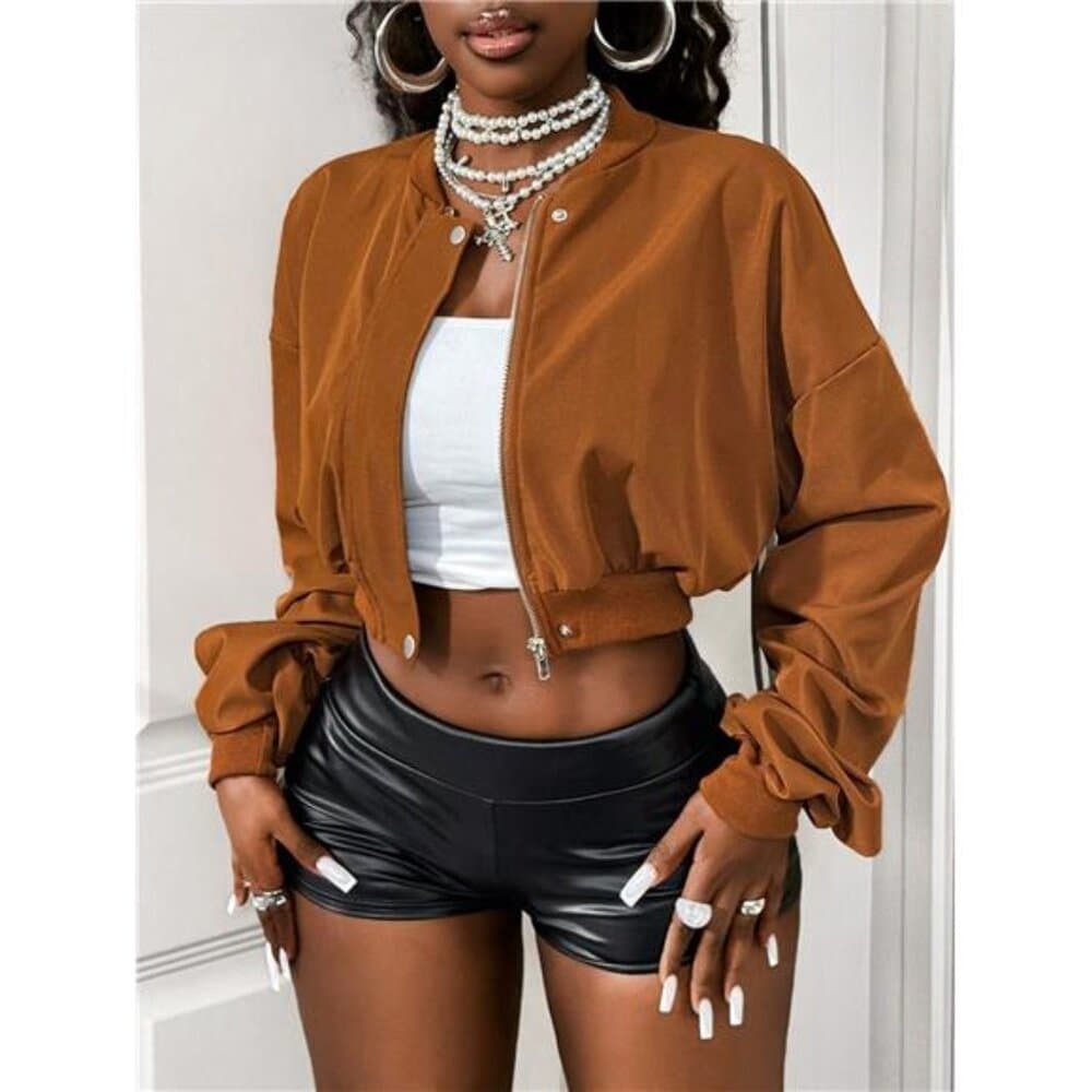 Women's Solid Color Ribbed Patchwork Front Zipper Sleeve Ruched Design - Thumbnail 2