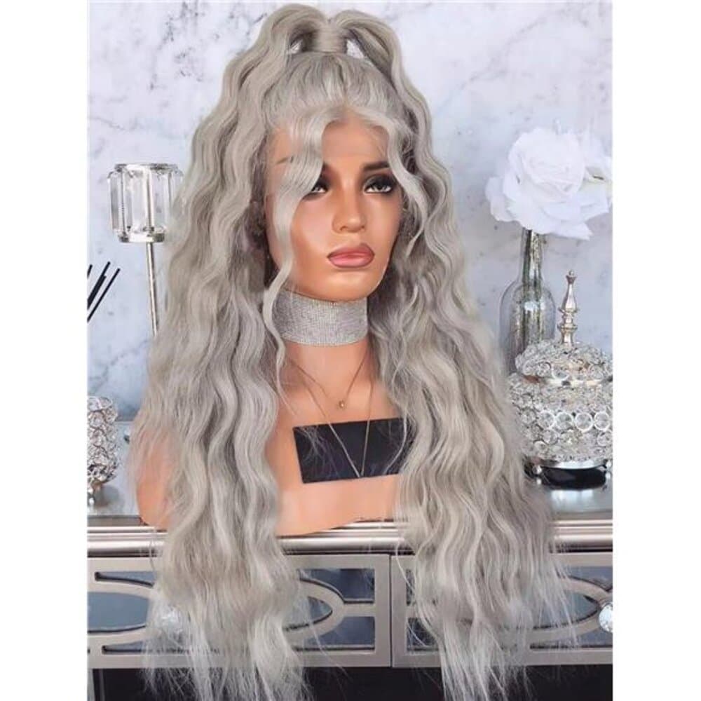 Local32 Inches Silver Grey Long Body Wave Synthetic Lace Front Wig For Women - Thumbnail 15