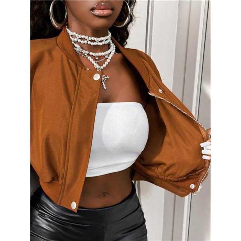 Women's Solid Color Ribbed Patchwork Front Zipper Sleeve Ruched Design - Thumbnail 8