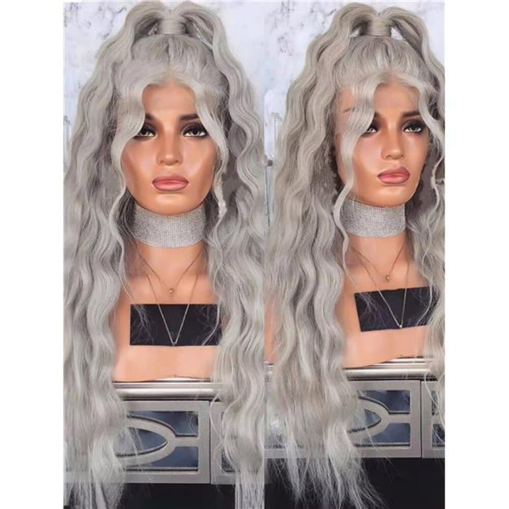 Local32 Inches Silver Grey Long Body Wave Synthetic Lace Front Wig For Women - Thumbnail 13