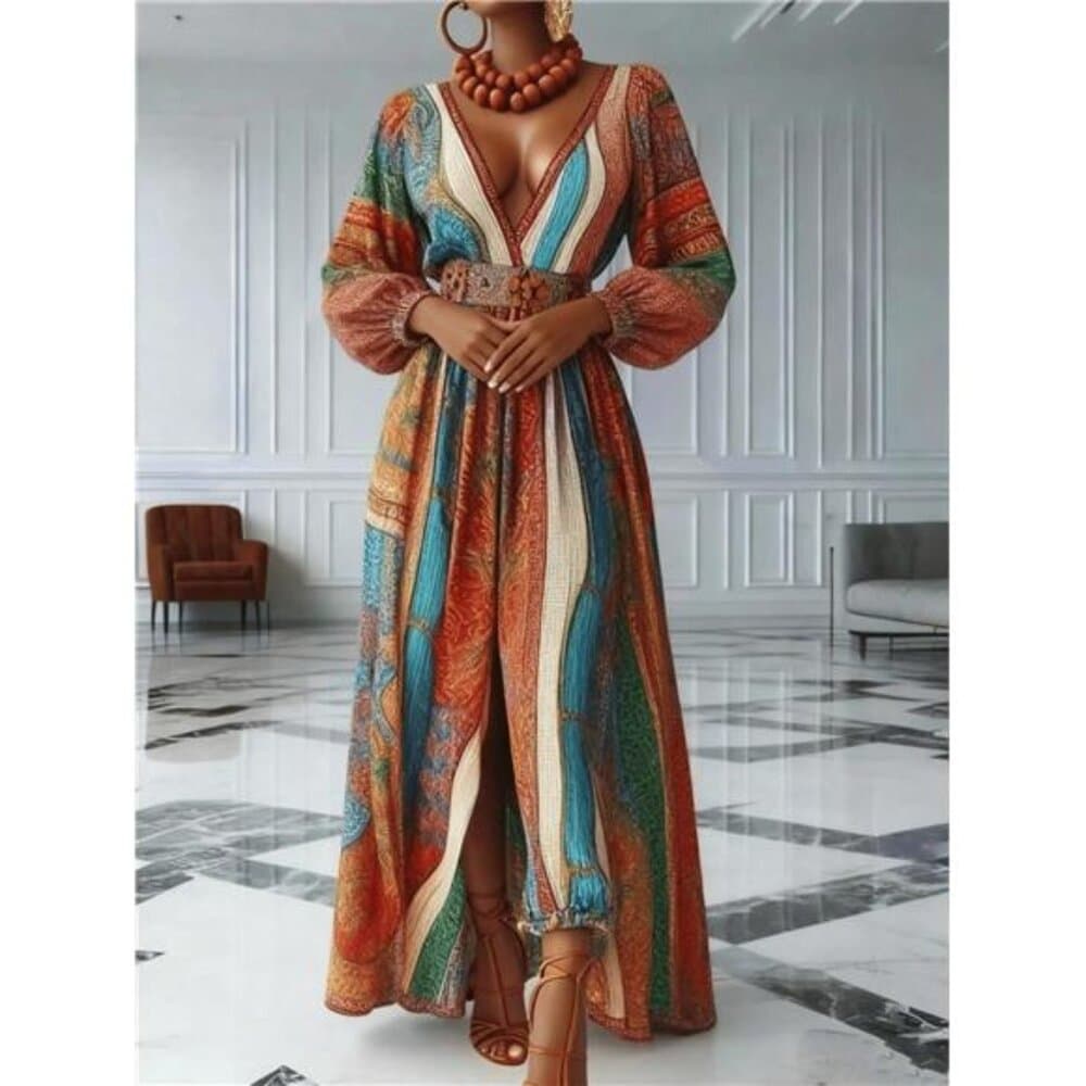 HERTALK "Bohemian Maxi Dress: Colorful Patchwork Print, Deep V-Neck & Puff - Thumbnail 2