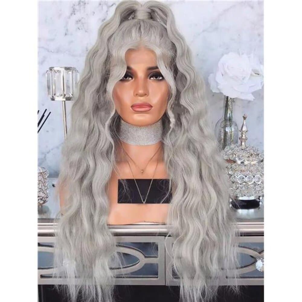 Local32 Inches Silver Grey Long Body Wave Synthetic Lace Front Wig For Women - Thumbnail 4