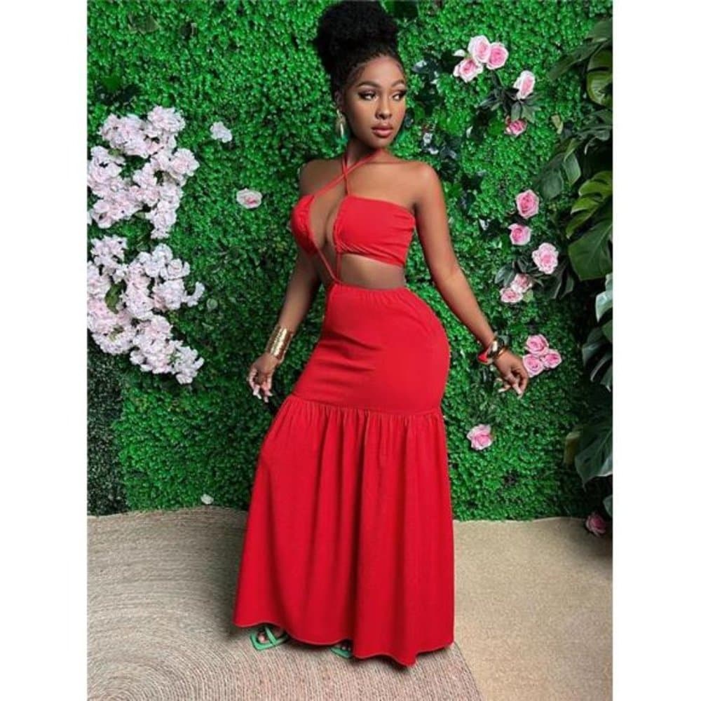 Red Beauty Slayr Halter Neck Backless Vacation Dress - Thumbnail 3