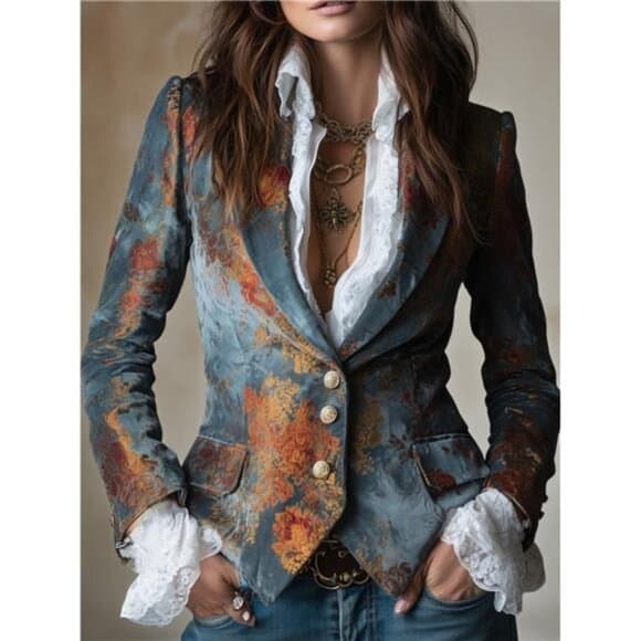 Blue-Tone Printed Velvet Lace-Cuff Blazer for Women | Retro Luxurious Style, - Thumbnail 4