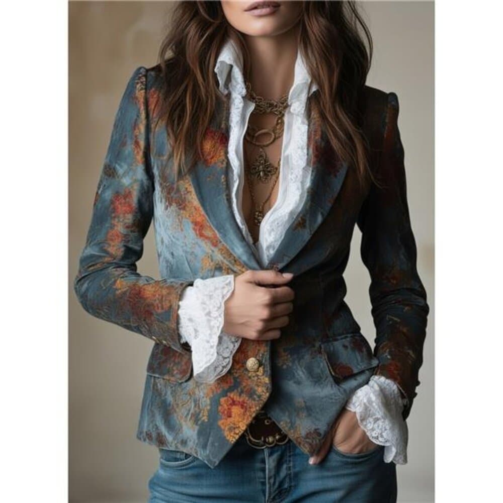 Blue-Tone Printed Velvet Lace-Cuff Blazer for Women | Retro Luxurious Style, - Thumbnail 2