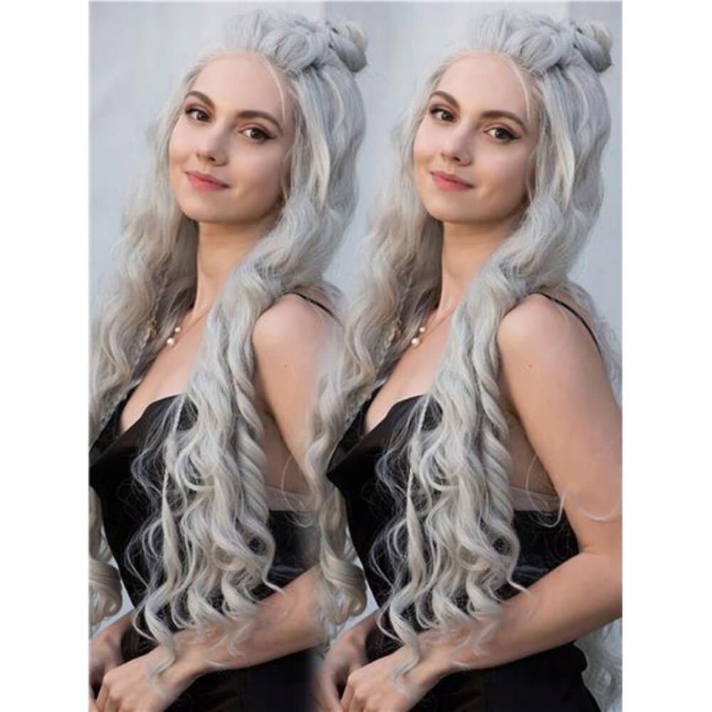 Local32 Inches Silver Grey Long Body Wave Synthetic Lace Front Wig For Women - Thumbnail 11