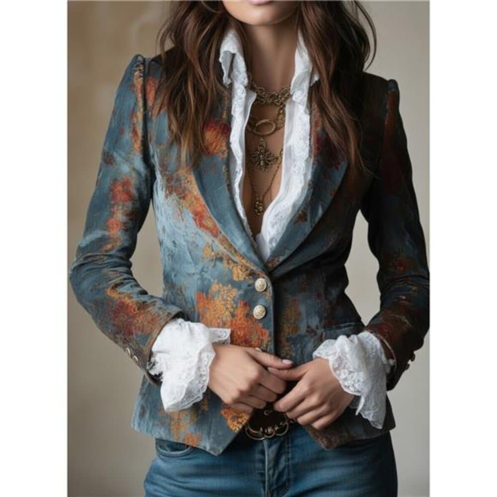 Blue-Tone Printed Velvet Lace-Cuff Blazer for Women | Retro Luxurious Style,