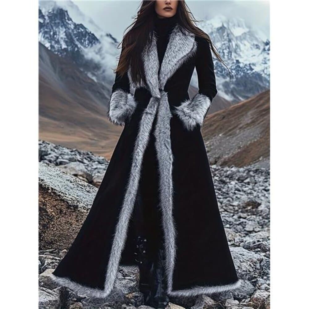 Fall Winter New Black Longline Faux Fur Trim Coat Women Notch Lapel Silvery - Thumbnail 3